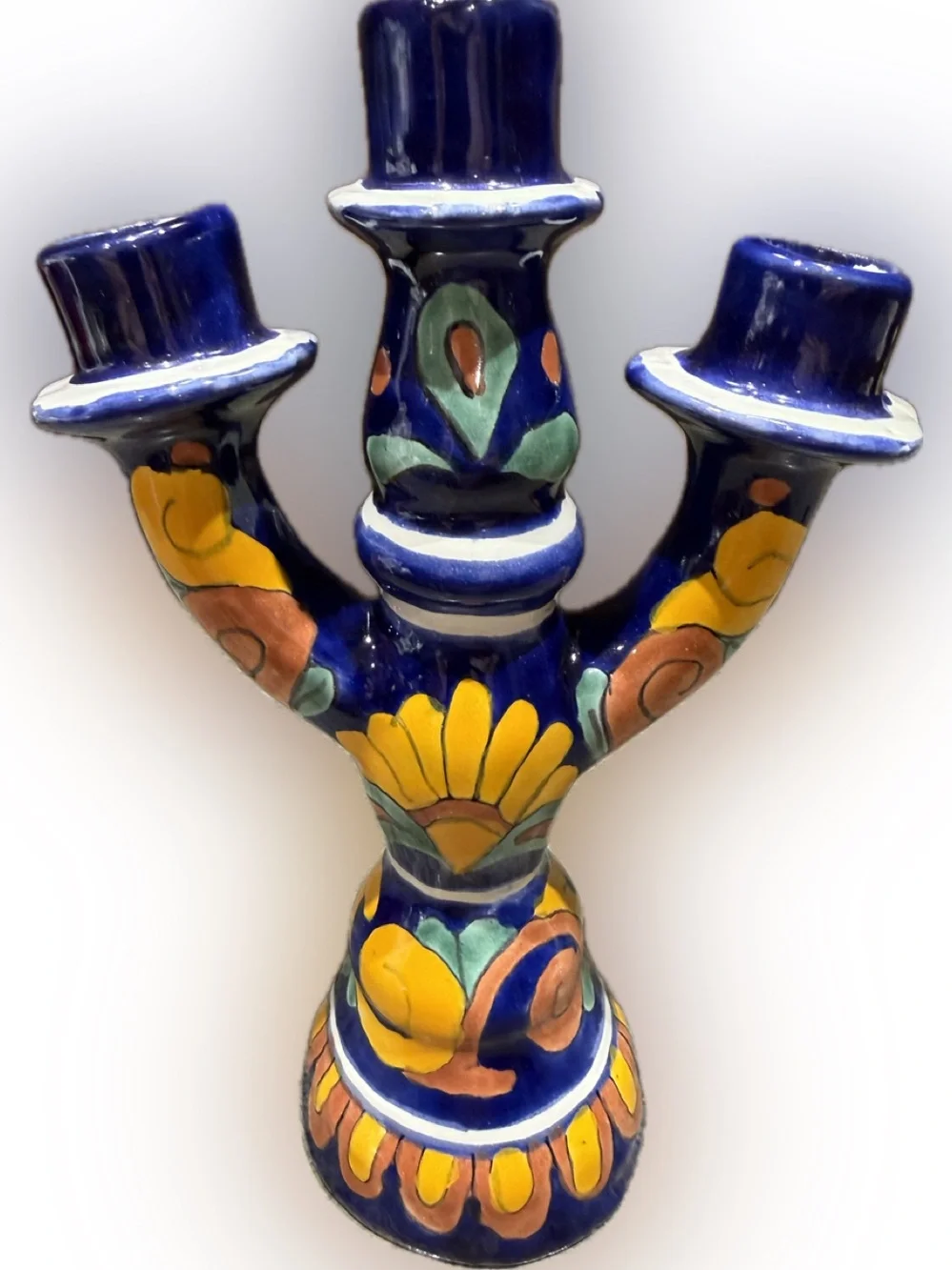 Beautiful Large Pair of Hand-Painted Mexican Talavera 3-Arm Candelabras.